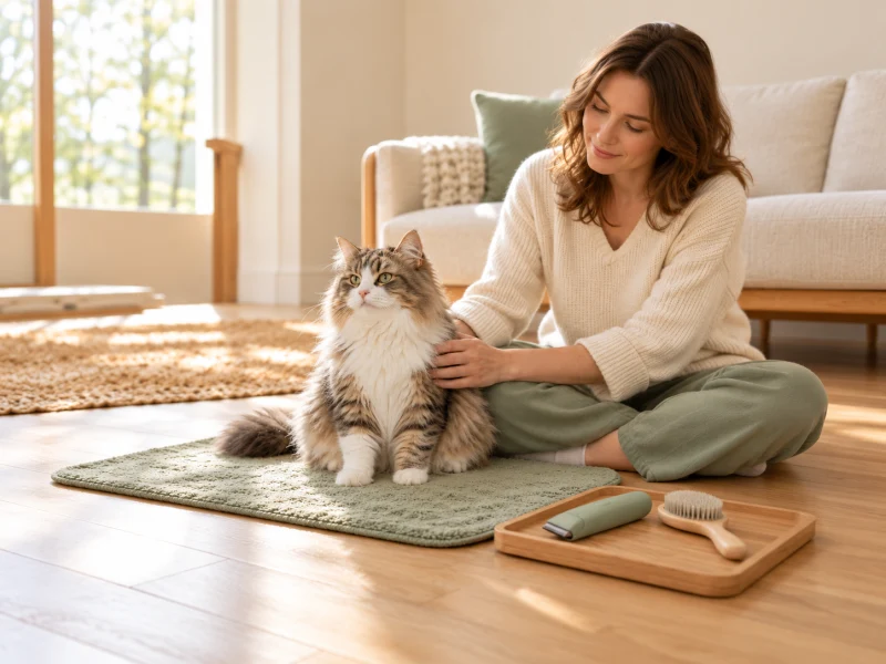 A calm long-haired cat sits beside a person and an unused generic clipper on a separate tray.