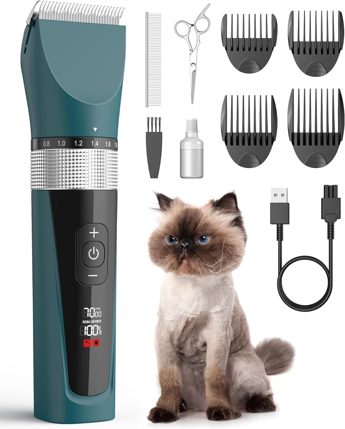 Original retail composite image showing the oneisall 7268 teal clipper, four guide combs and listed kit accessories beside a cat.