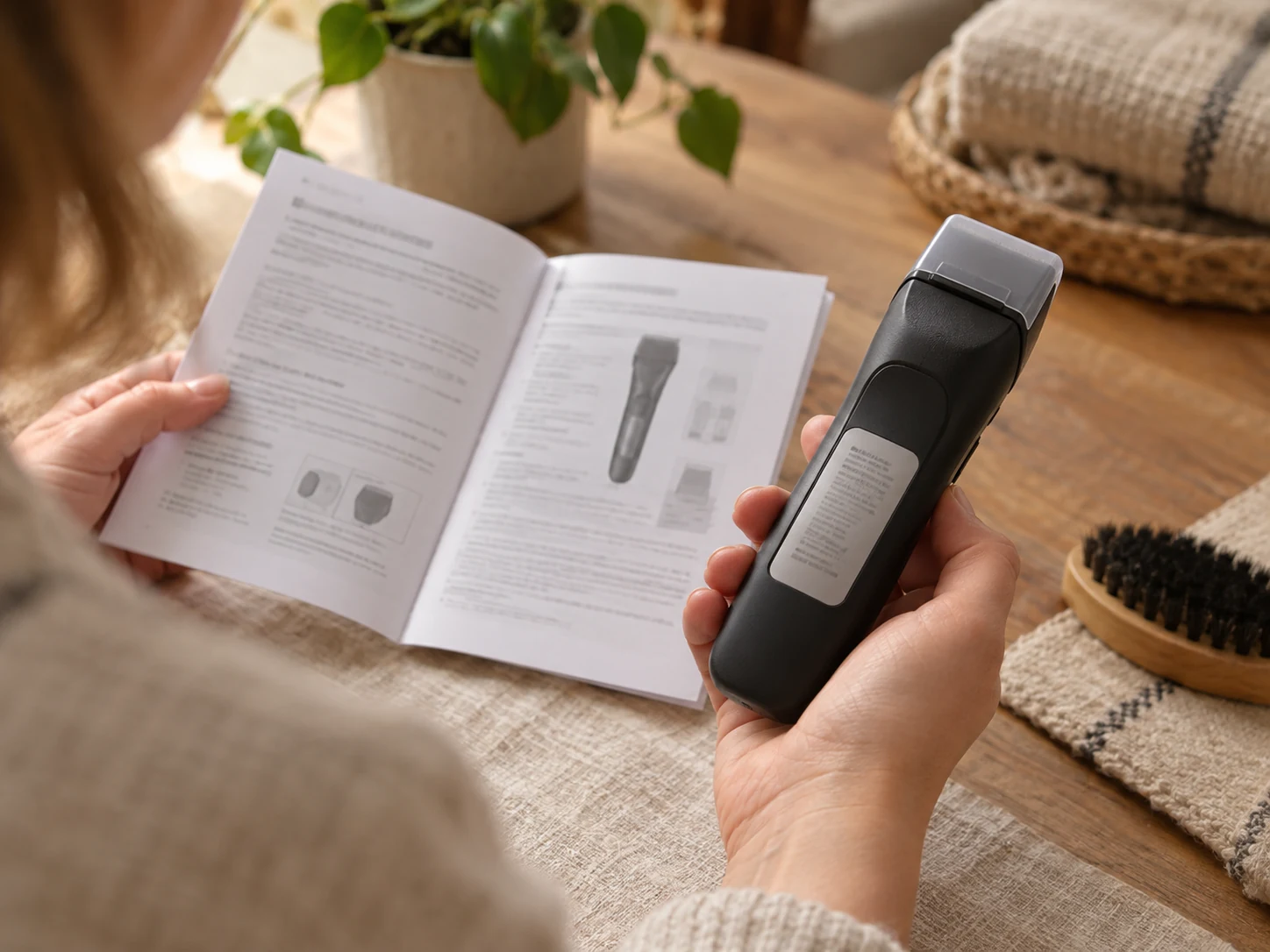 A caregiver checking a generic clipper's model label against its manual before choosing clipper blades