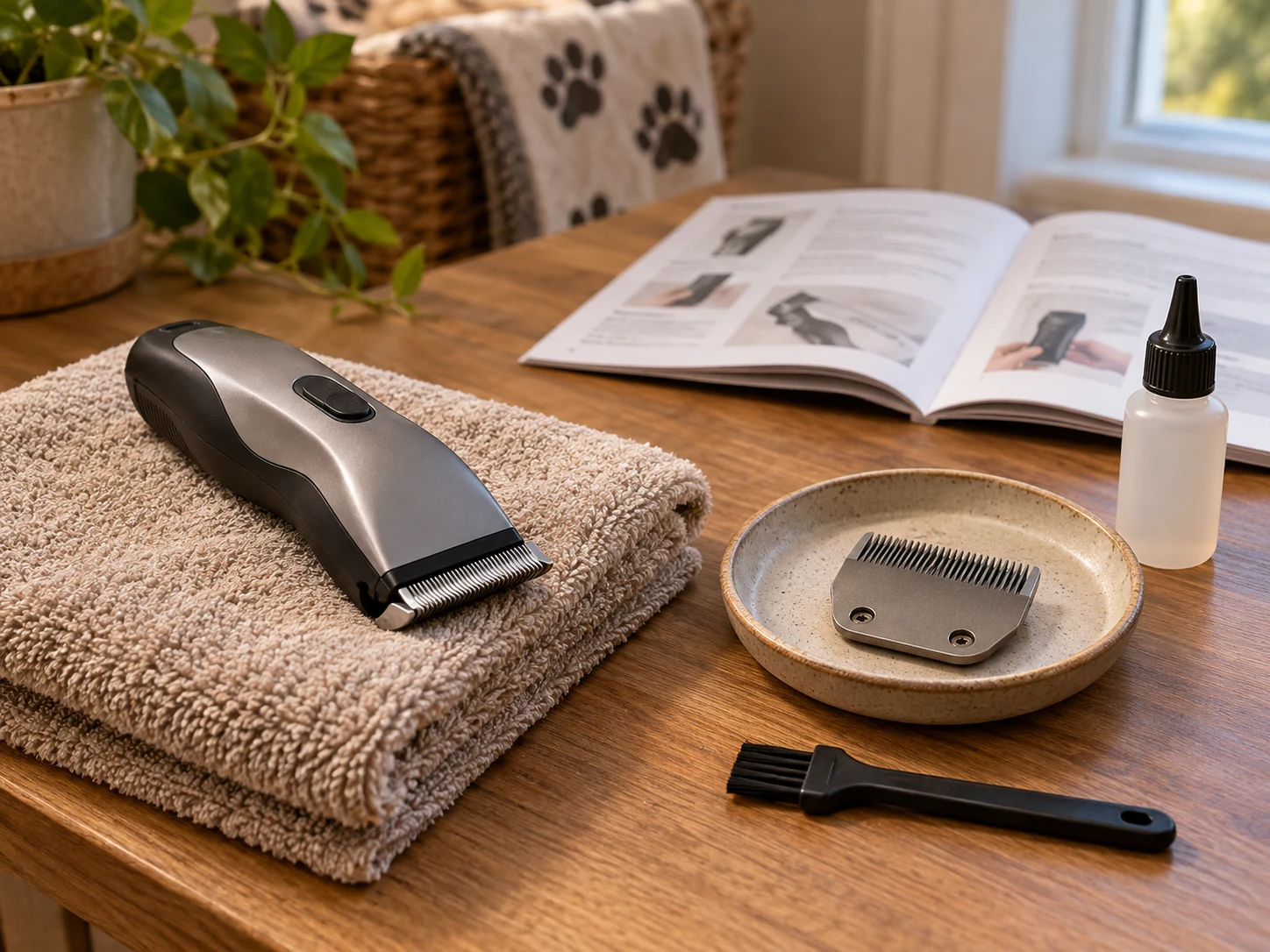 An unplugged generic clipper and detached blade resting on a dry towel beside a small cleaning brush and instructions