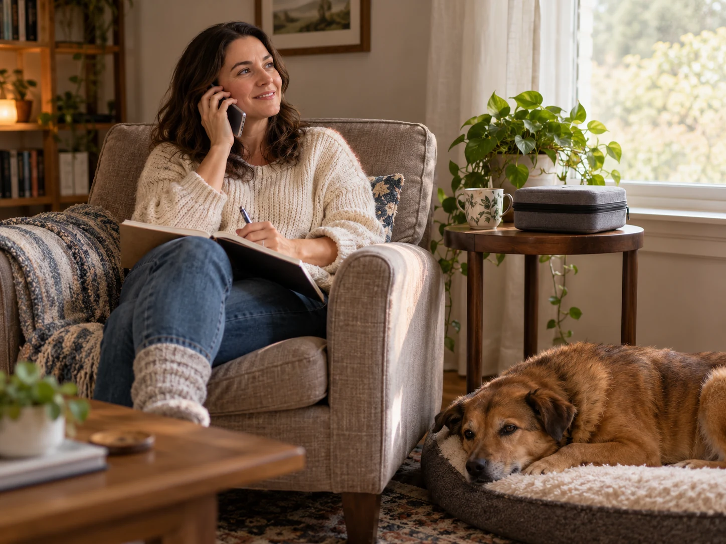 A caregiver seeking advice by phone beside a closed grooming-tool case while a dog relaxes