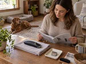 A caregiver checking generic clipper blades and the tool instructions while a dog rests nearby