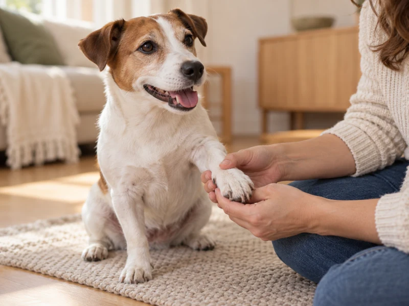An adult gently supports a relaxed dog’s paw without a cutting tool touching the nails.