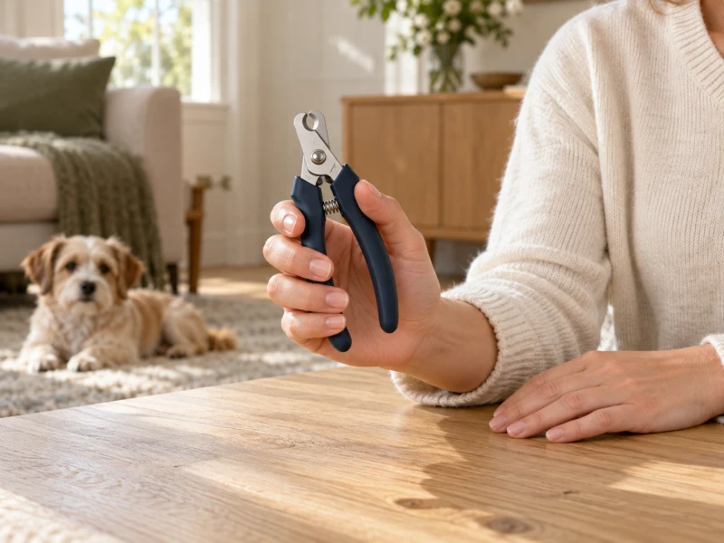 A person checks the grip of an unbranded closed pet nail clipper, well away from a dog.