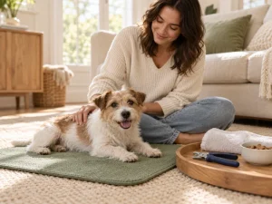 A small dog rests near an adult preparing a generic nail clipper and a soft mat.
