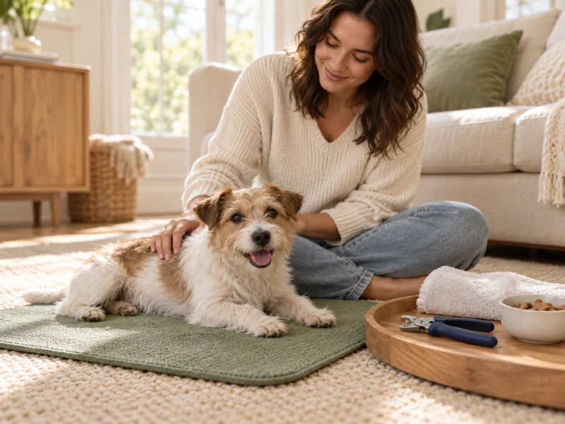 A small dog rests near an adult preparing a generic nail clipper and a soft mat.