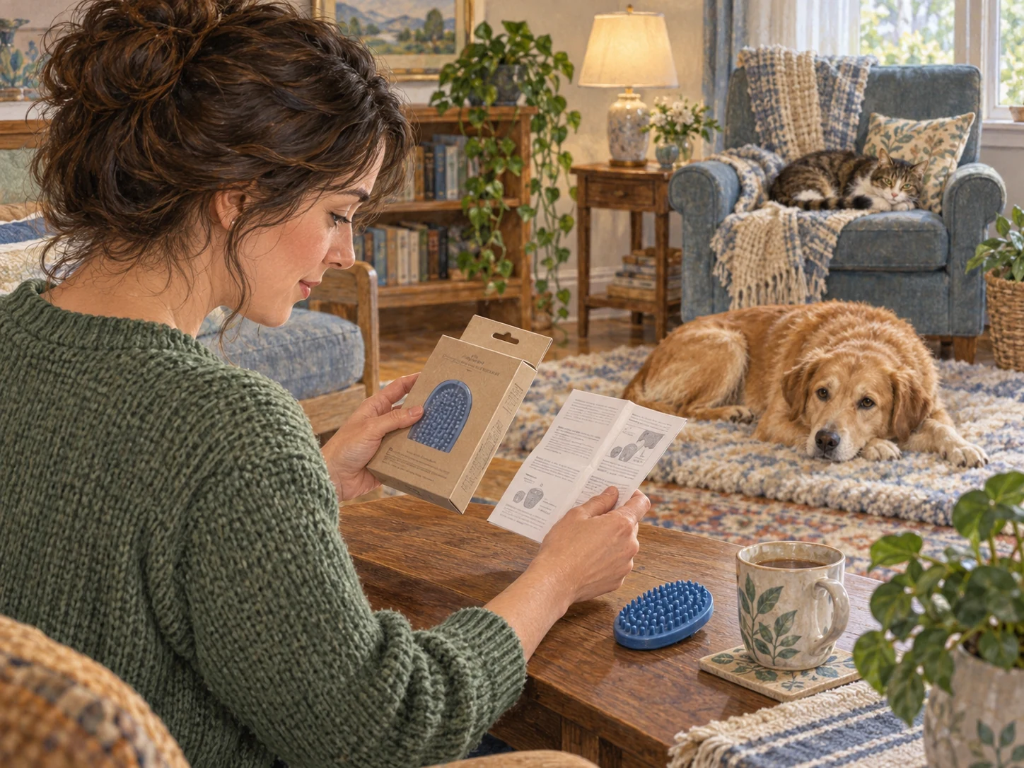 A caregiver checking the package before choosing a KONG brush while a dog and cat rest separately
