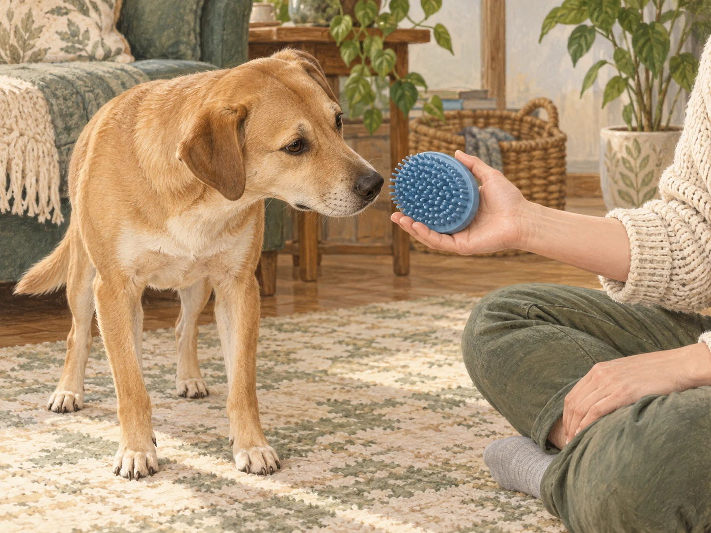 A dog voluntarily sniffing a generic grooming pad held nearby without restraint or brushing
