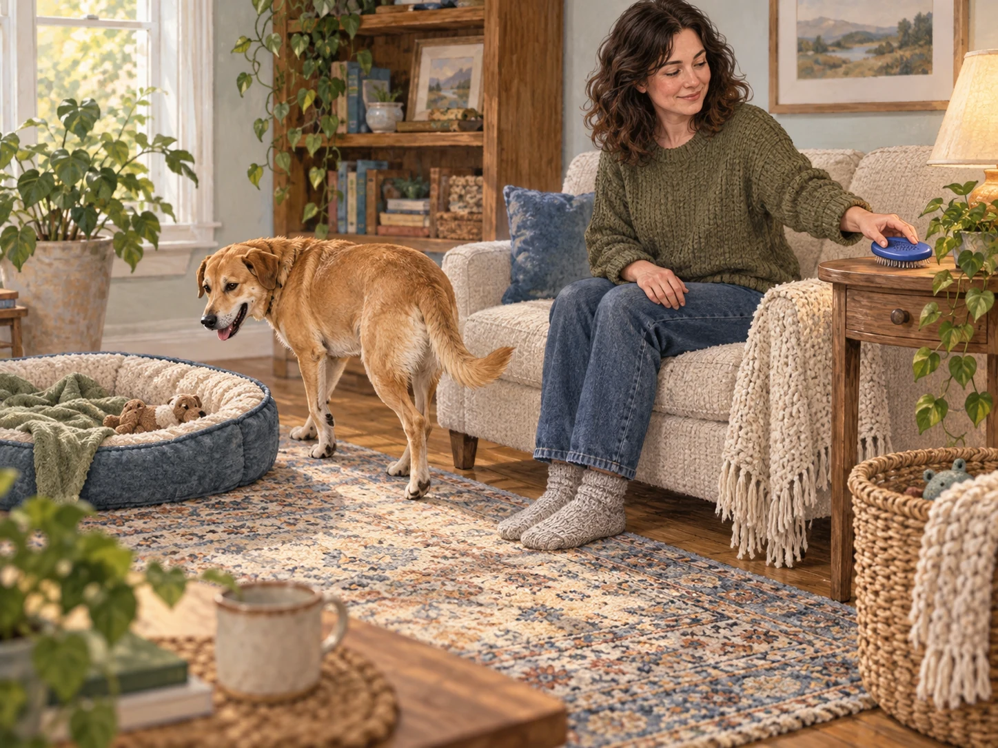 A caregiver setting a generic brush aside while a dog takes a break from grooming