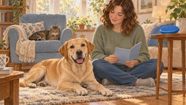 A caregiver preparing to check a generic grooming brush while a dog and cat rest in separate places