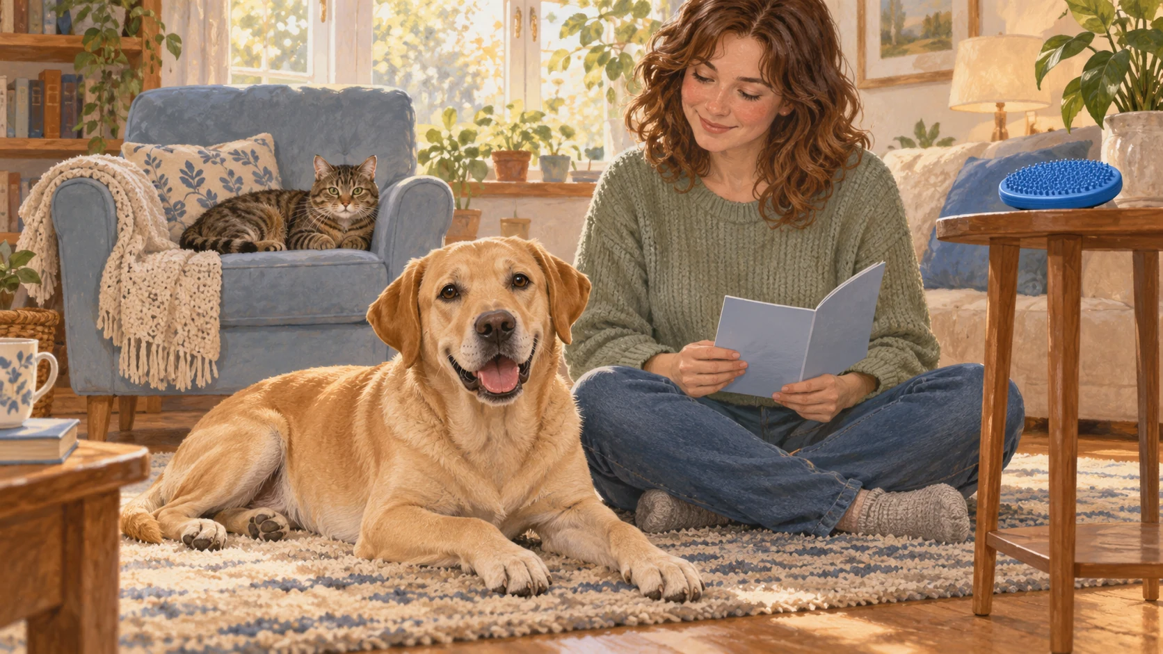 A caregiver preparing to check a generic grooming brush while a dog and cat rest in separate places