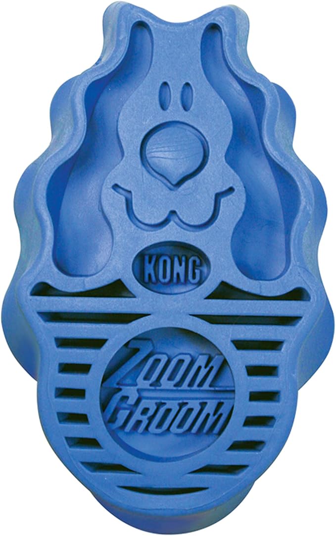 Blue KONG ZoomGroom dog-shaped brush viewed from its grip side, with a molded dog face, KONG logo and ZoomGroom lettering; grooming fingers are not visible from this angle