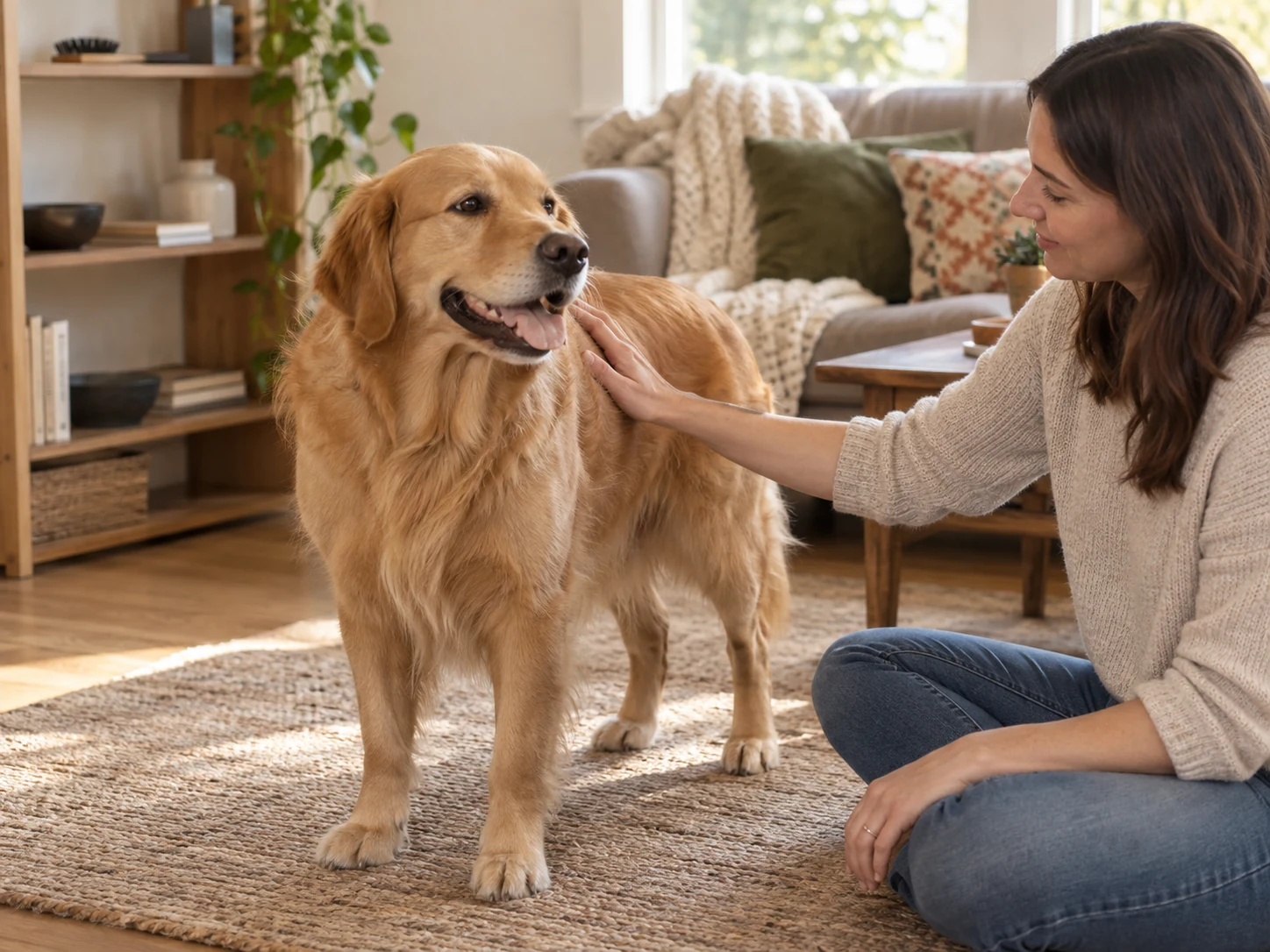 A caregiver gently touching a dog's shoulder while the dog remains free to move on a stable mat