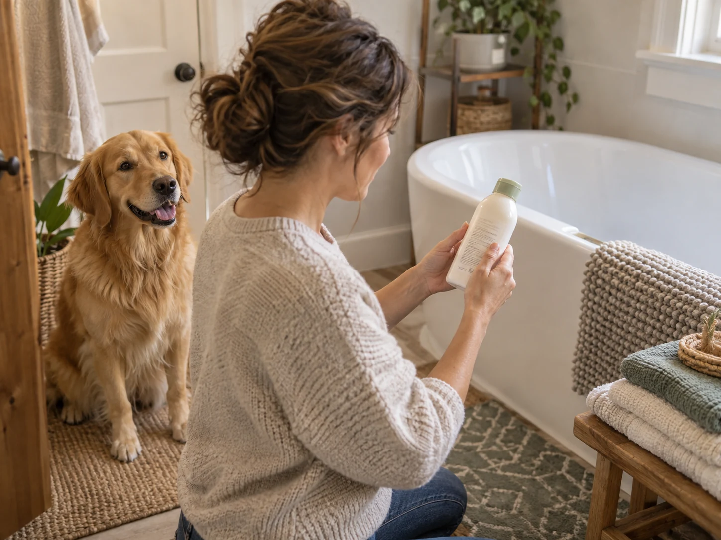 Towels, a prepared mat and product-label checking illustrate dog grooming essentials before bathing