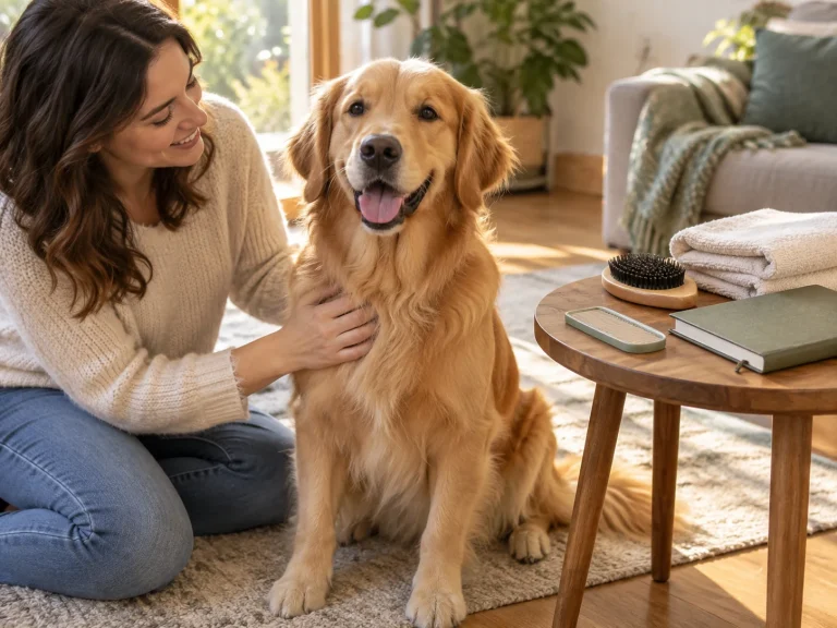A small practical grooming kit with a brush, comb and towels beside a calm dog and caregiver