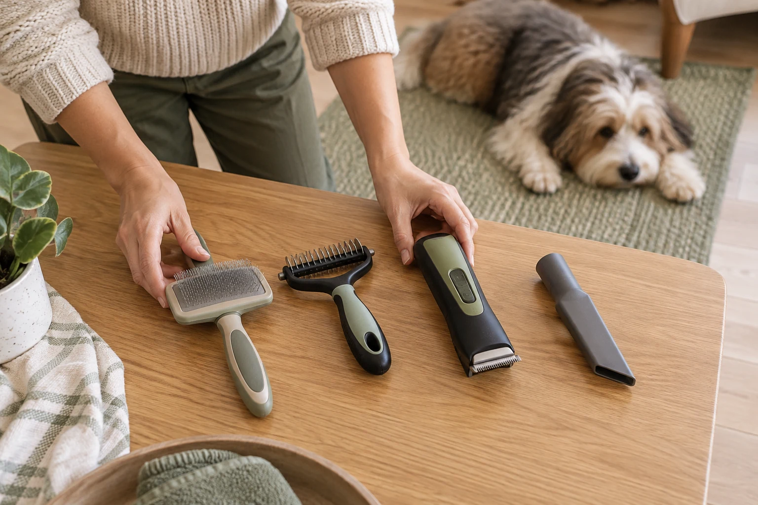 AI-created arrangement of a brush, rake, clipper and crevice nozzle on a table, with a resting dog nearby.