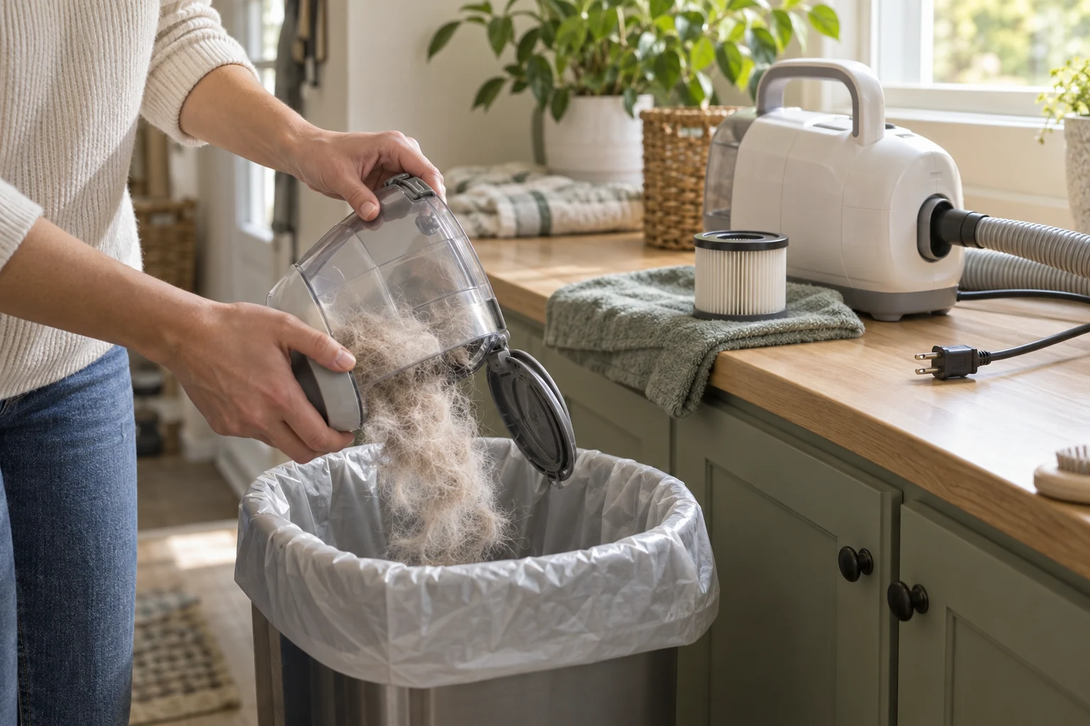 AI-created scene of hair being emptied from a generic removable dust cup into a lined bin beside an unplugged unit.