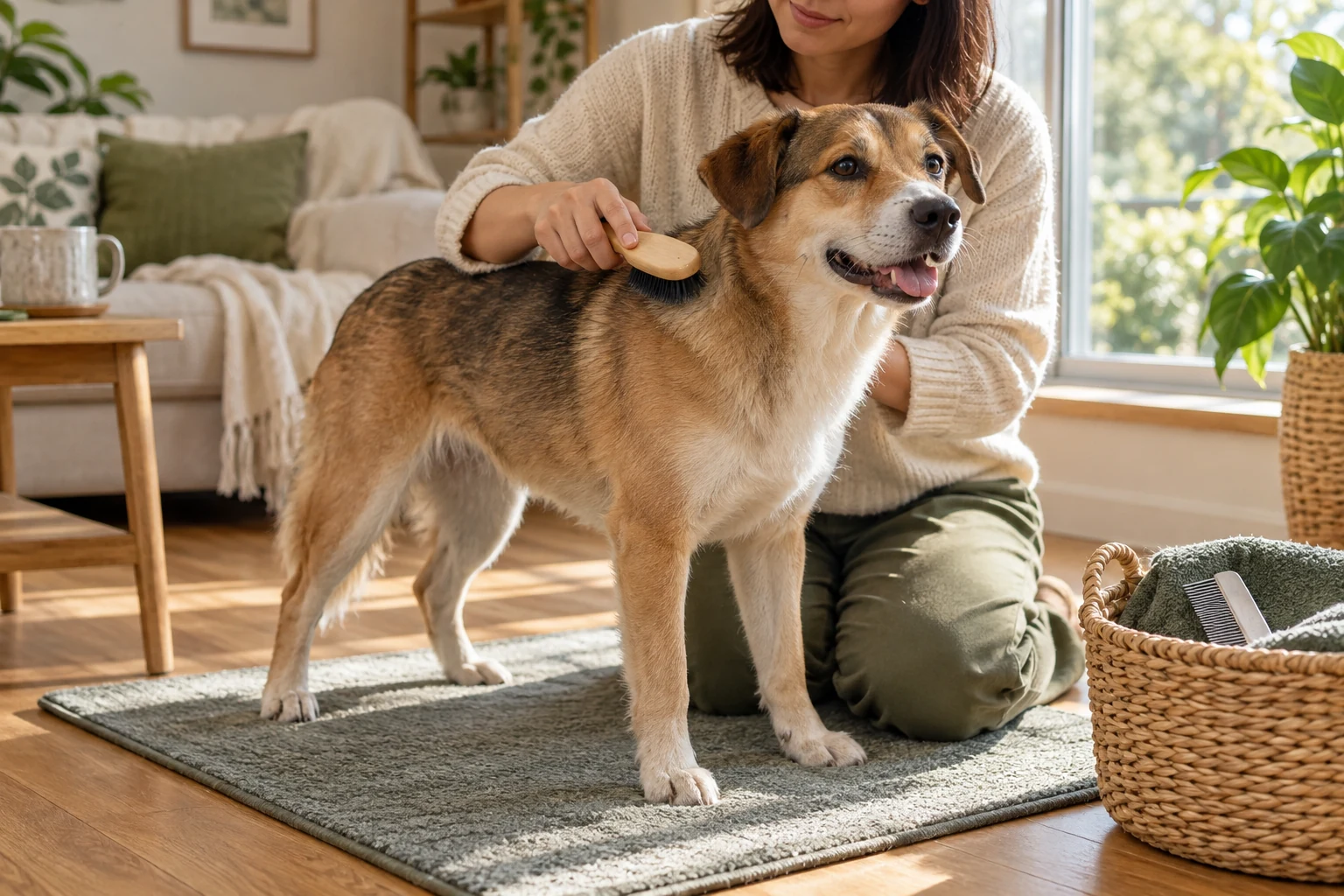 AI-created scene of a relaxed dog being gently brushed by hand on a nonslip mat.