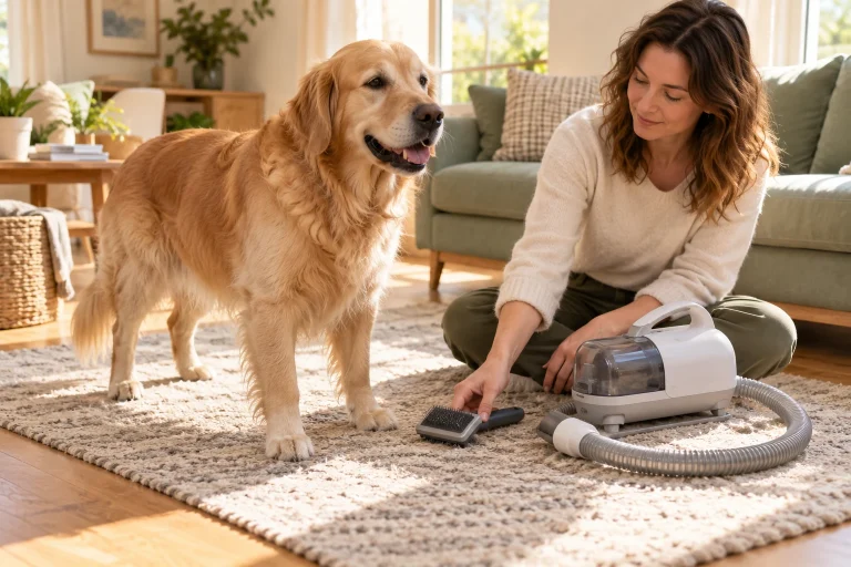 AI-created home planning scene with a calm golden retriever, grooming brush and generic hair collector.