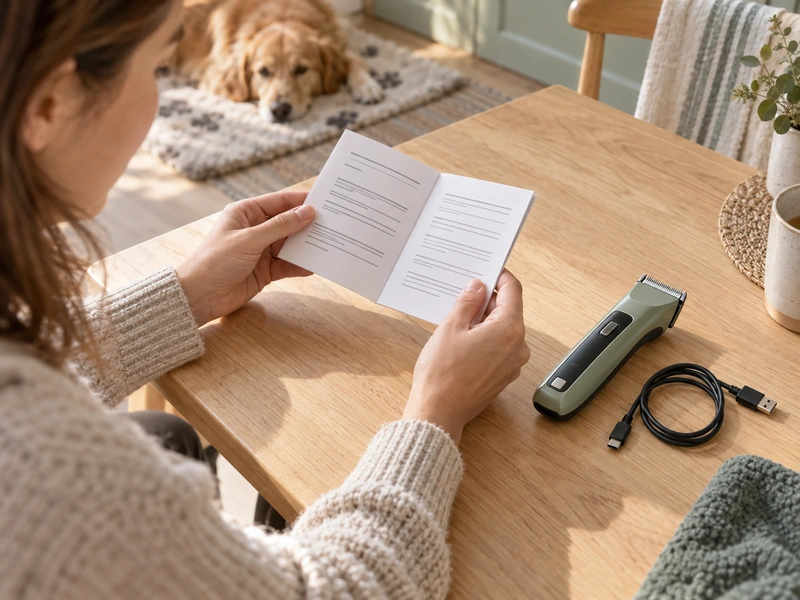 An owner reads a generic clipper booklet beside an unplugged USB-C cable and unbranded clipper while a dog rests in the background.