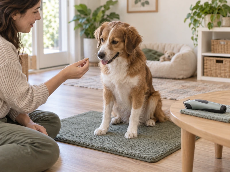 An owner offers a small treat to a comfortable dog while an unbranded clipper sits switched off on a separate table.