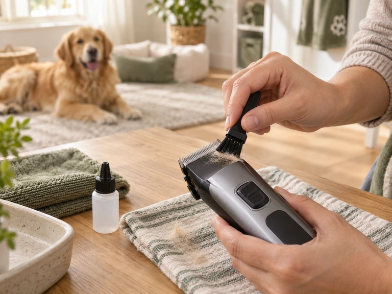 An owner uses a small dry brush to remove loose hair from a switched-off generic dog clipper, with a dog resting well away.