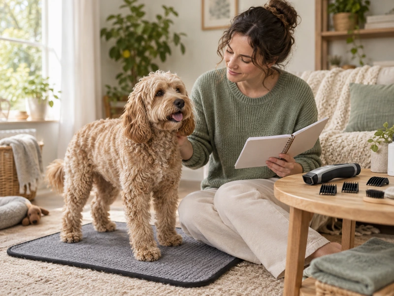 A dog stands on a grooming mat while its owner reviews a trim plan beside an unbranded cordless clipper and guard combs.