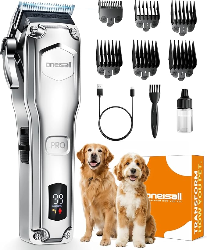 Retail composite of a silver oneisall clipper with six black guide combs, Type-C cable, cleaning brush, oil bottle, orange box and two dogs.