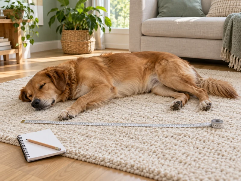 Golden-brown dog sleeping stretched on a cream rug while a tape measure and notebook lie beside its resting outline.