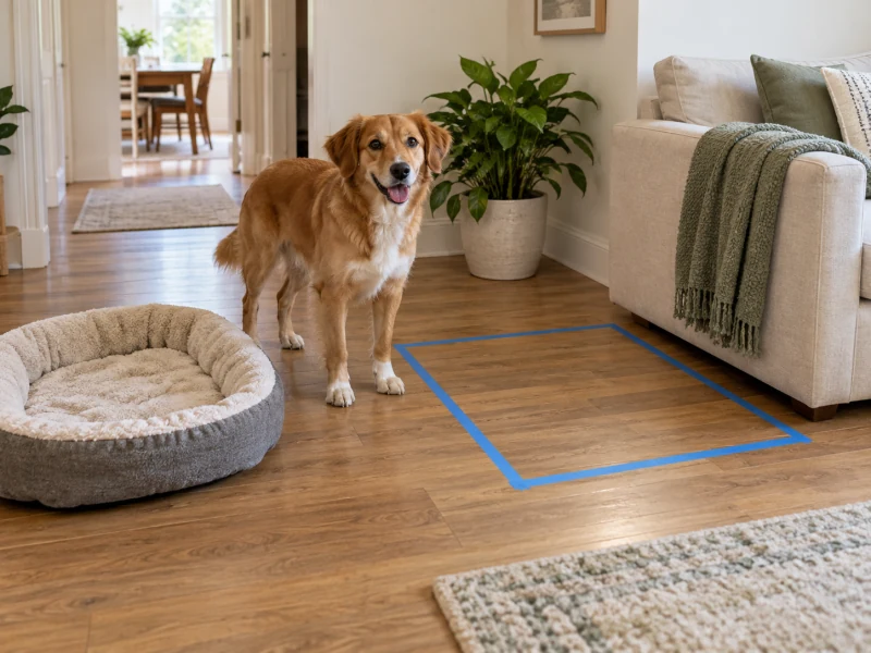 Medium dog standing beside an unbranded dog bed and a rectangular painter’s-tape floor outline near a sofa.