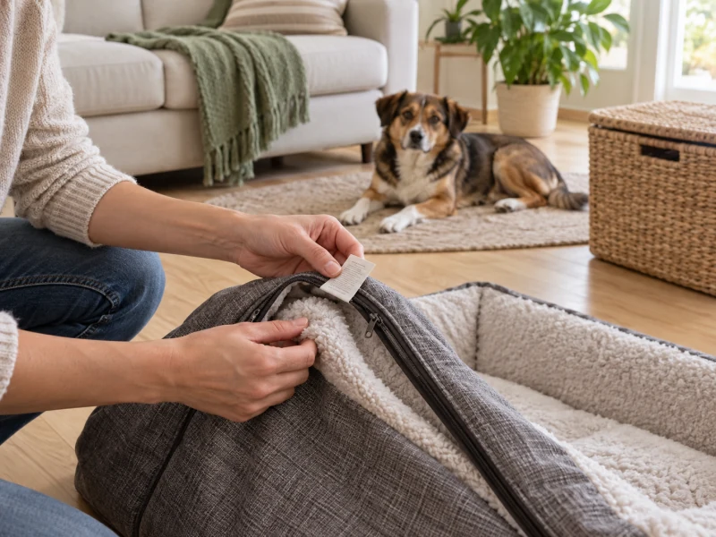 Adult hands checking the zipper and care tag on a gray dog-bed cover while a medium dog rests on a rug several feet away.