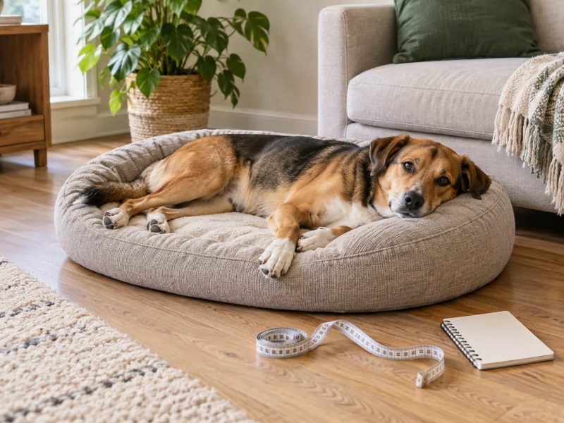 Medium mixed-breed dog resting on a cream oval bed with a tape measure and notebook nearby in a sunlit living room.