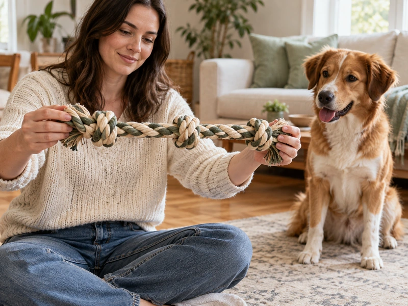 An owner holds an intact three-knot rope toy in both hands while a dog waits nearby.
