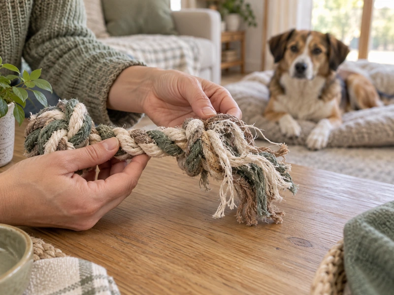 An owner examines a used knotted rope with loose, separated fibers while the dog stays away in the background.
