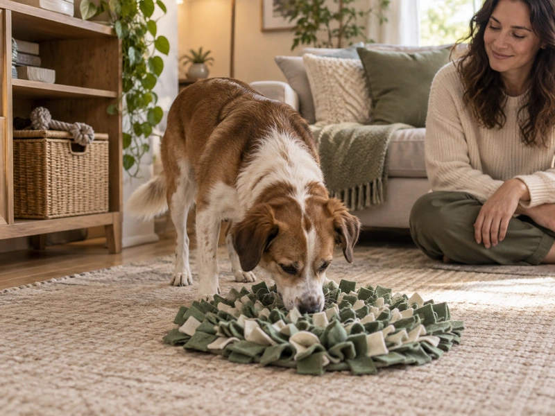A dog sniffs a fabric snuffle mat while its owner watches and a rope toy is stored on a high shelf.