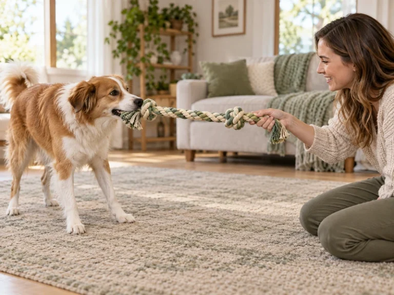 A dog and kneeling owner hold opposite ends of a long generic knotted rope toy during a gentle indoor tug game.