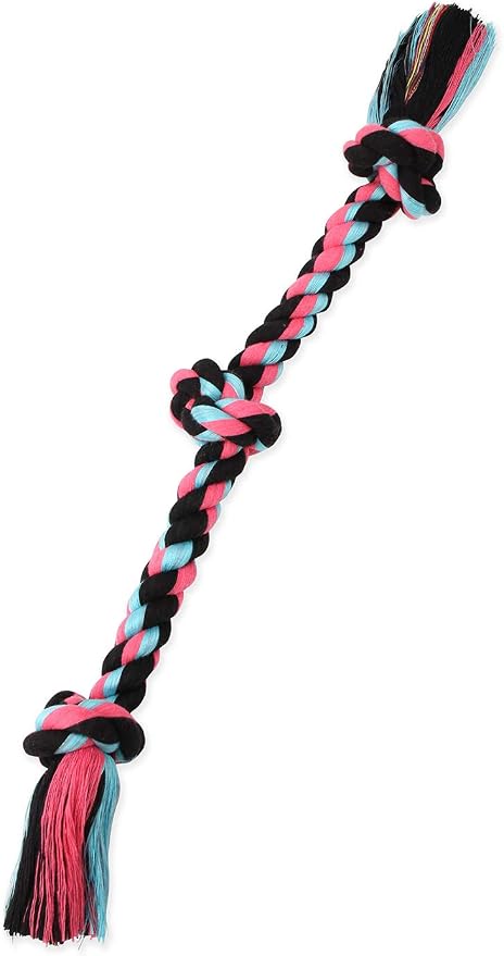 Multicolored Mammoth knotted rope tug with three knots and fringed ends on a white background.