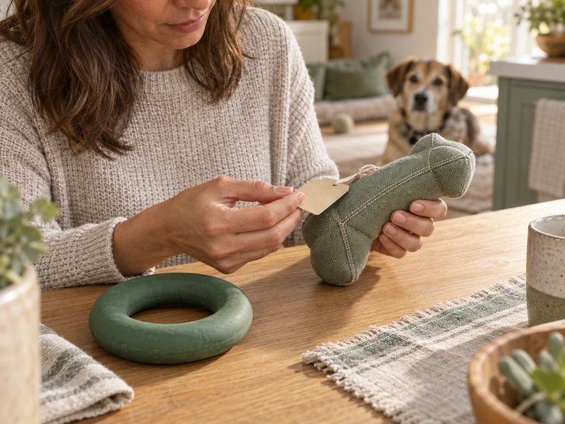 An owner reads a plain tag and inspects the seam of a generic fabric dog toy beside a rubber ring while a dog waits nearby.