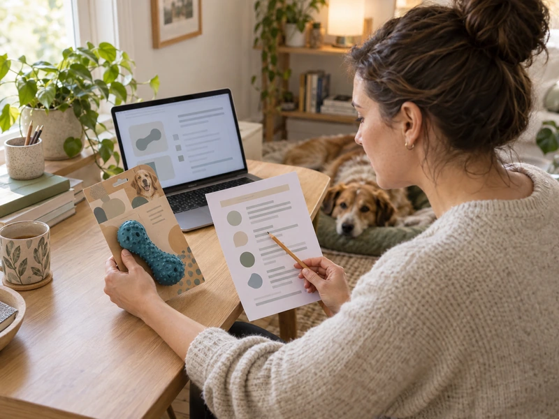 A dog owner compares a generic toy package, an indistinct information sheet and a laptop while a dog rests nearby.