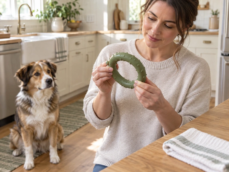 An owner checks the edges of an intact generic green rubber ring after cleaning while a dog waits at a distance.