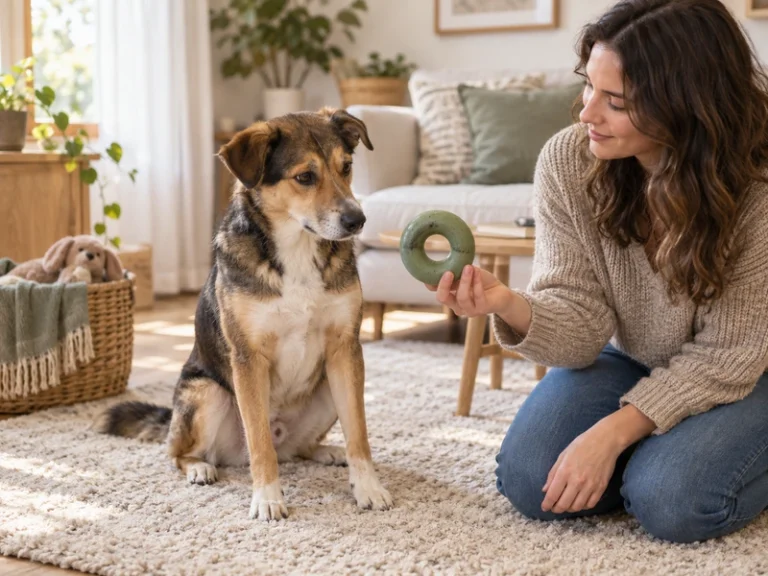 A dog watches its owner hold an unbranded green rubber ring toy in a warm living room.