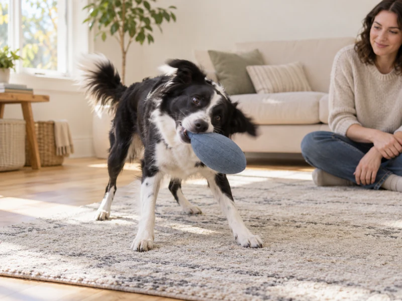 Black-and-white dog gently shaking an intact blue-gray soft toy while an adult watches on a living-room rug.