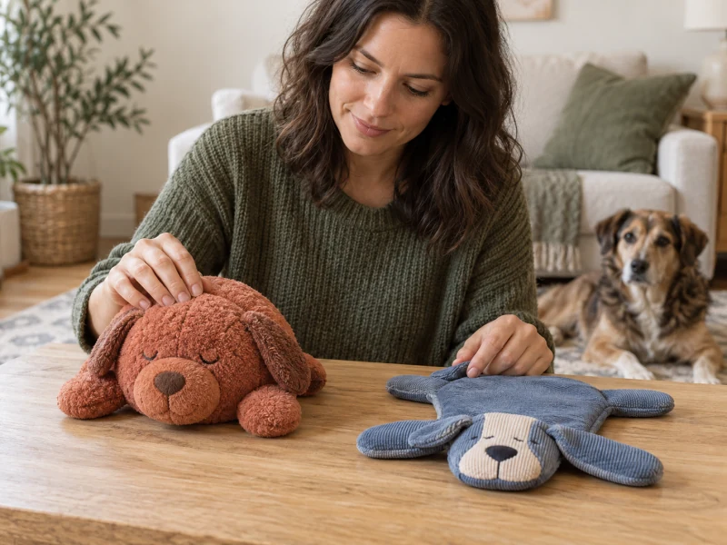 Adult comparing a rounded terracotta plush and a flat slate-blue plush on a table while a dog waits nearby.