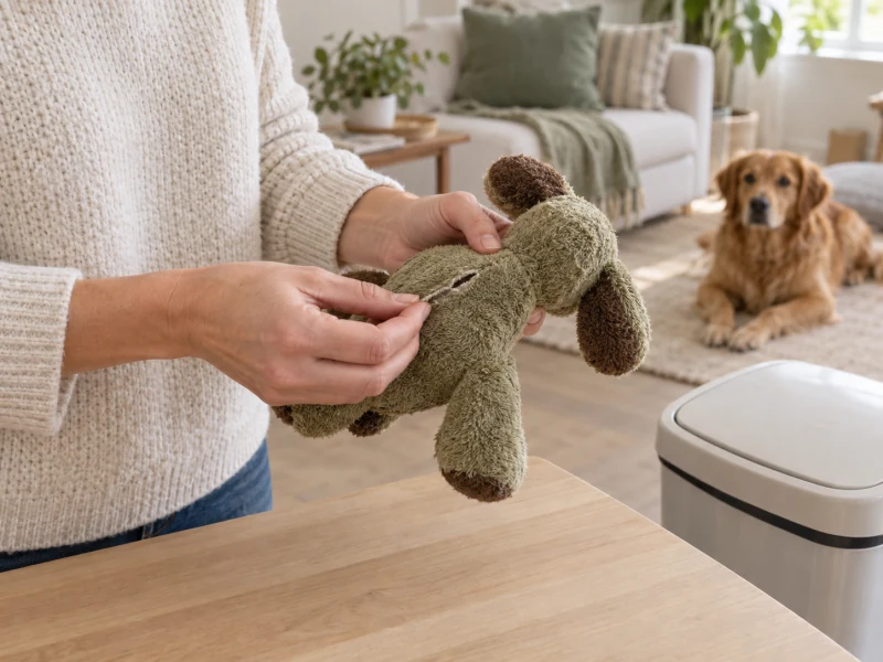 Adult examining a small split seam on a generic olive plush toy beside a closed bin while a dog rests away from the toy.