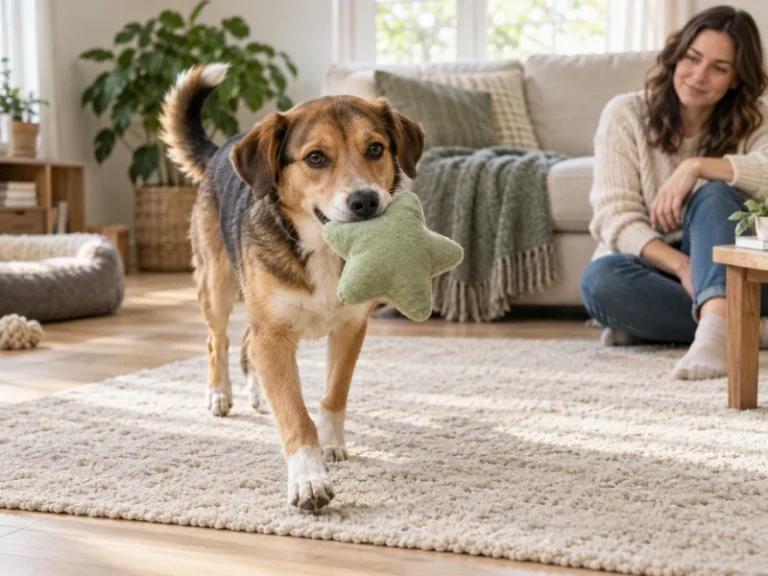Medium mixed-breed dog gently carrying an intact sage plush star while an adult watches in a warm living room.