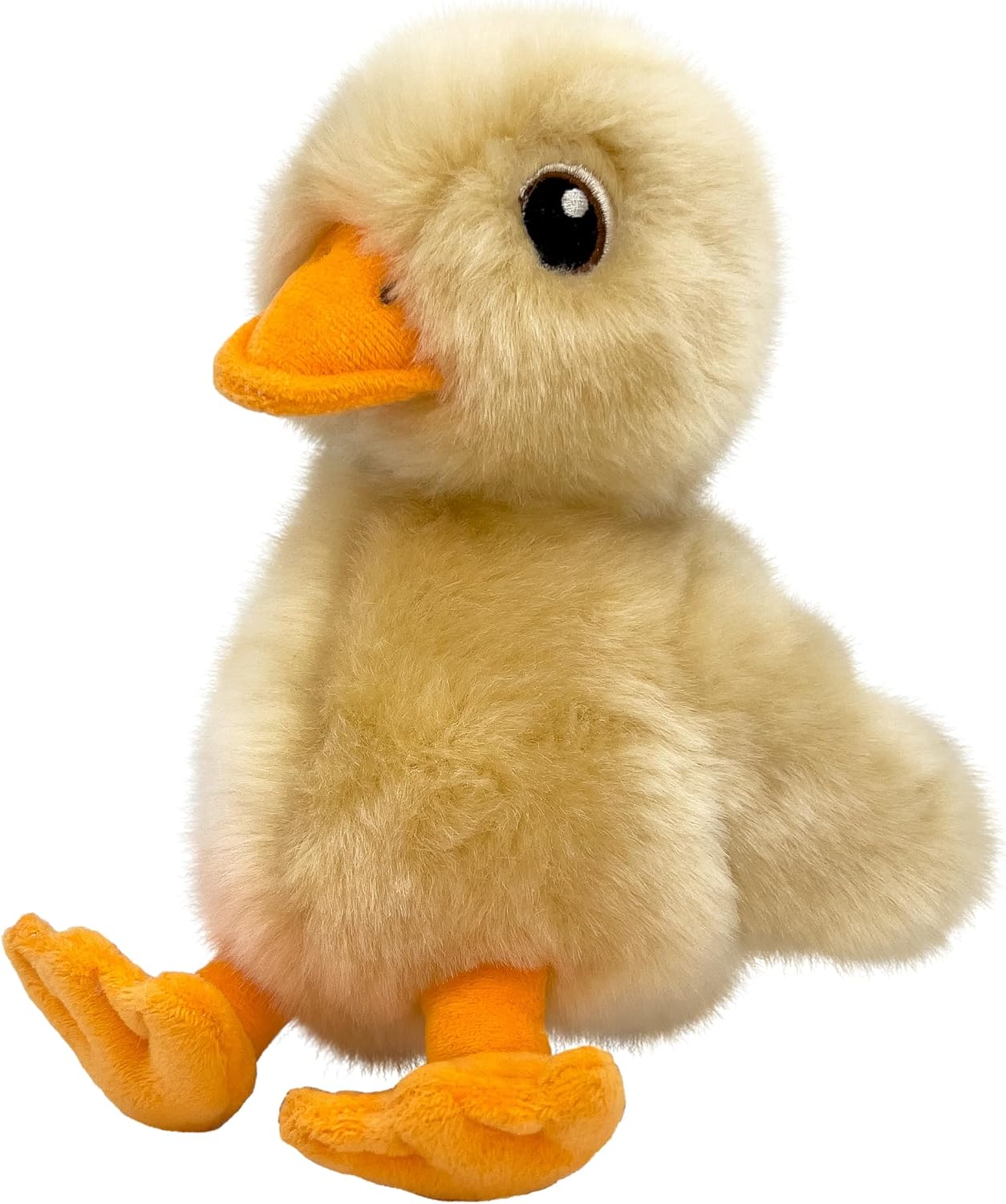 Retail product photograph of a pale-yellow fluffy duck plush dog toy with orange bill and webbed feet on a white background.