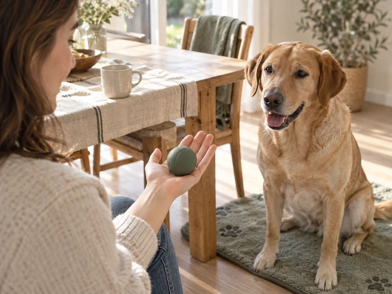 An owner checks the scale of a generic rubber ball in an open hand while a dog waits nearby.