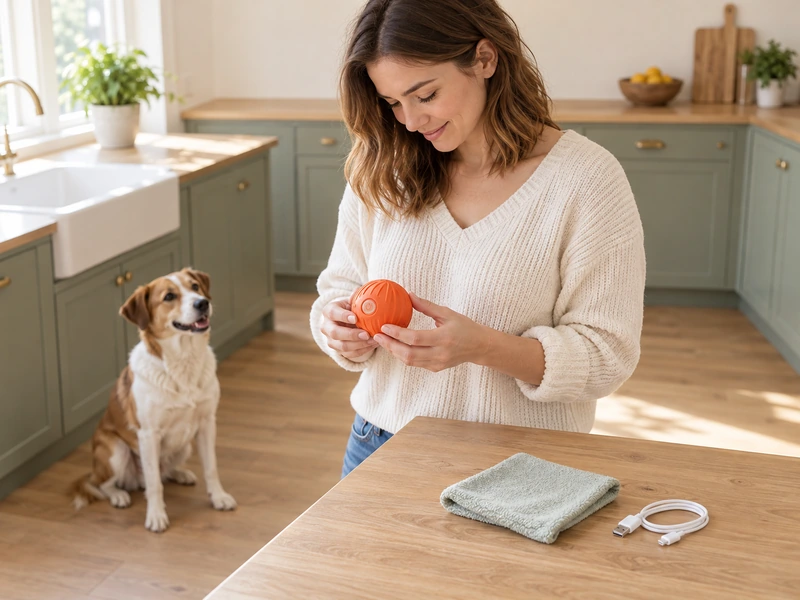 An owner inspects an intact generic orange dog ball beside a dry cloth and unplugged cable while a dog waits nearby.