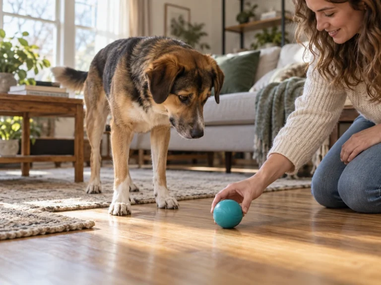 A medium-large dog watches an owner set a generic teal ball on a hard floor in a warm living room.
