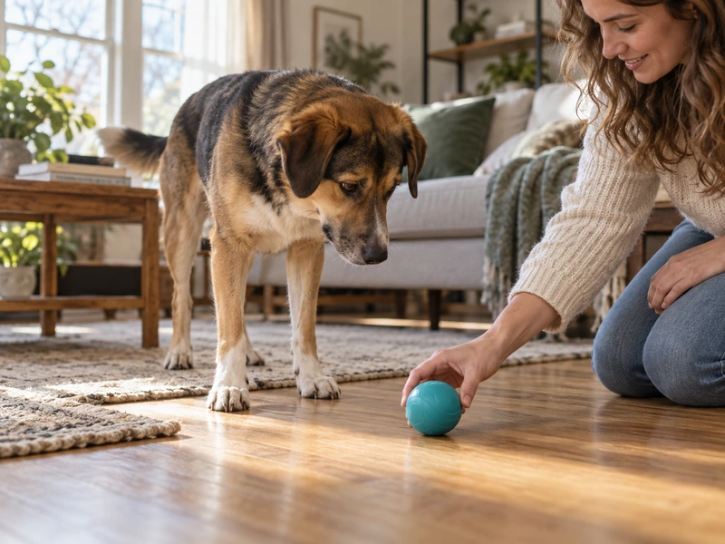 A medium-large dog watches an owner set a generic teal ball on a hard floor in a warm living room.